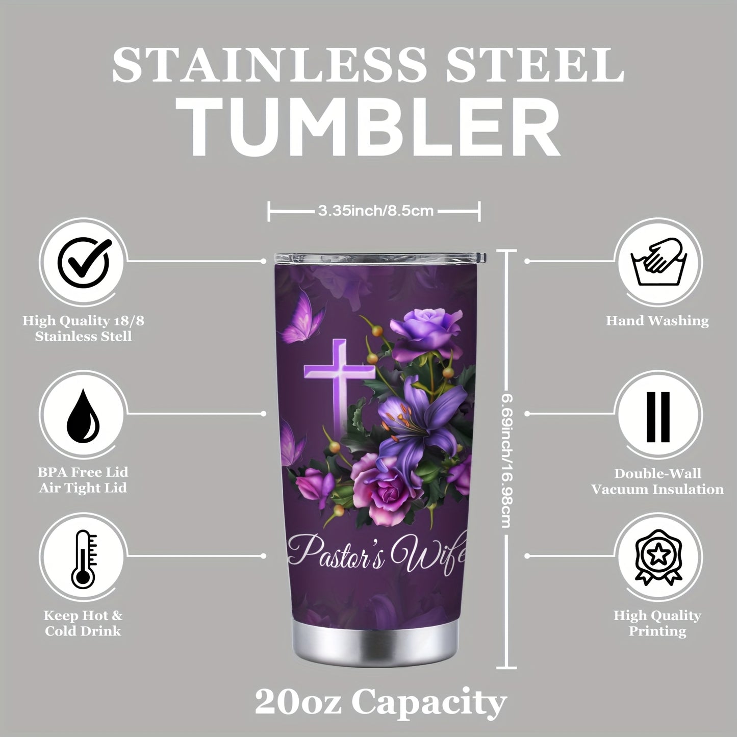 1pc 20oz Double-Layer Insulated Stainless Steel Water Cup, Shatterproof, Sealable, With Lid, 304 Stainless Steel, Letter Print, Pastor'S Wife Theme, Personalized Gift, for Friend