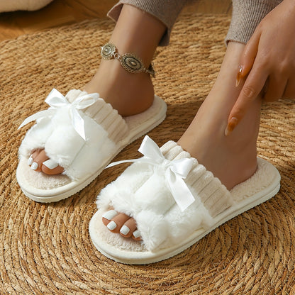 Women's Plush Fleece Slip-On Slippers with Bow Detail - All-Season Indoor House Shoes, Soft EVA Sole for Comfort & Quiet, Cozy Home Slippers in Black/White/Green/Beige/Pink/Grey, Cute Slippers