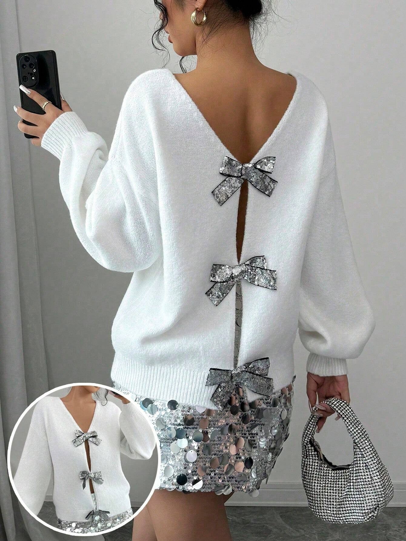 French-Style Sequin Bow-Adorned Loose-Fit Cardigan Sweater with Button Front Placket - Winter Warm Blouse, Casual Elegant Outerwear for Parties Weddings Daily Wear