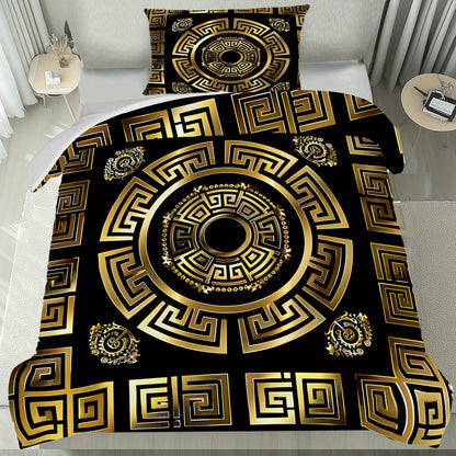 Latacaca 3pcs Black and Golden Greek Meander Pattern Duvet Cover Set, (1 Duvet Cover + 2 Pillowcases), Machine Washable, Elegant Design Bedding Set, Comfortable Bed Cover Set for Bedroom