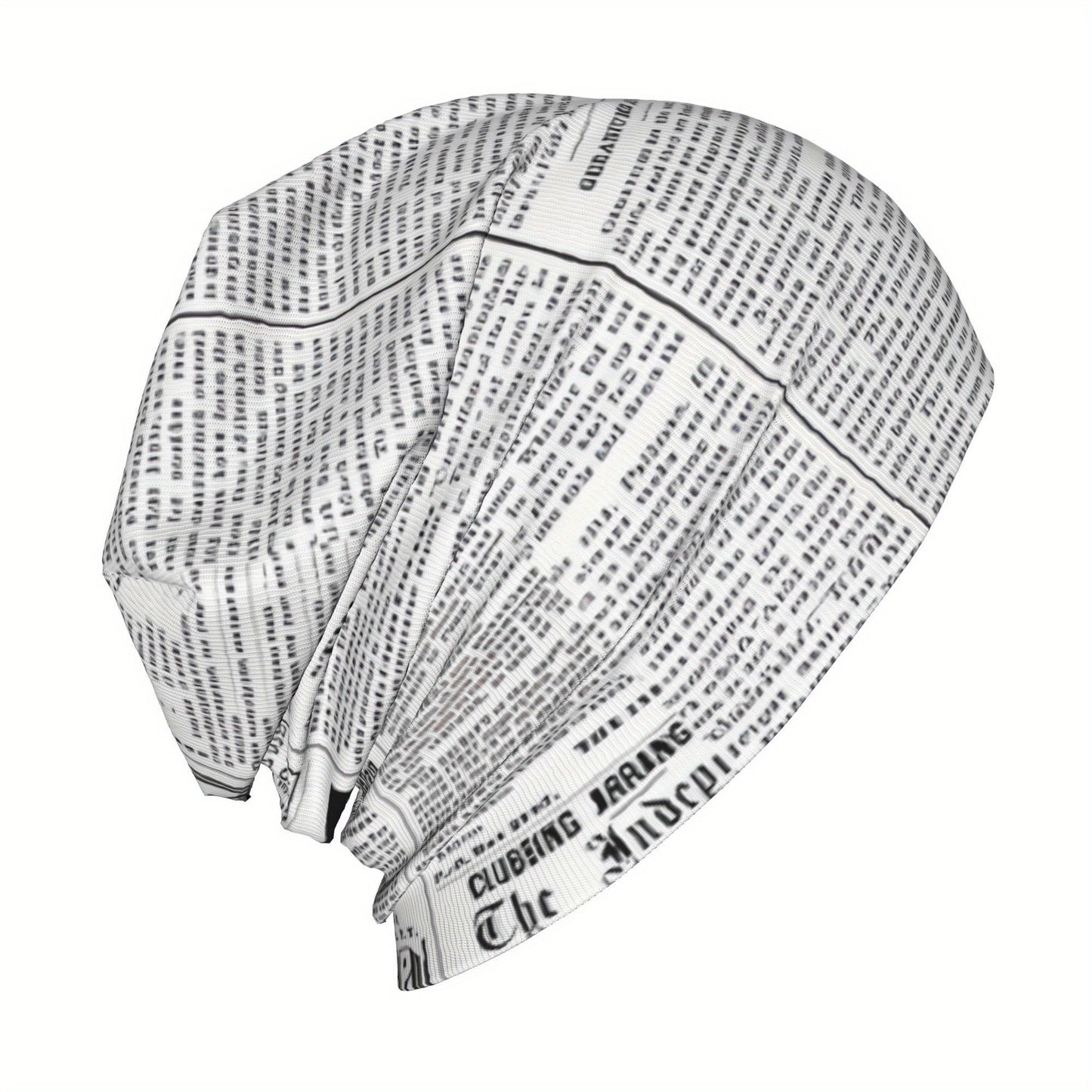 Vintage Newspaper Print Soft Knit Beanie Hat for Men & Women - Funky Style, Stretchy & Comfortable Ski Cap, Hand Washable, White with Black Text Design, Winter Hat