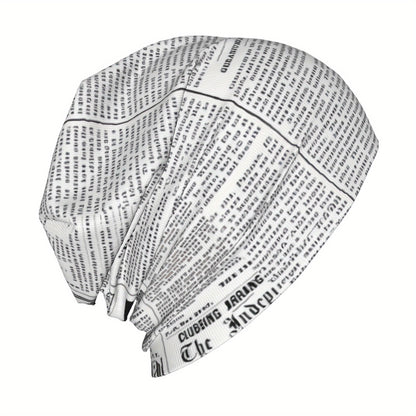 Vintage Newspaper Print Soft Knit Beanie Hat for Men & Women - Funky Style, Stretchy & Comfortable Ski Cap, Hand Washable, White with Black Text Design, Winter Hat