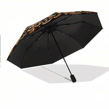 Automatic Open/Close Umbrella with Golden Lion & Ornate Swirls - Luxury Elegant Design, Auto Folding Compact Umbrella for Men/Women, Birthday/Christmas Gift - Dark Background with Golden Accents -