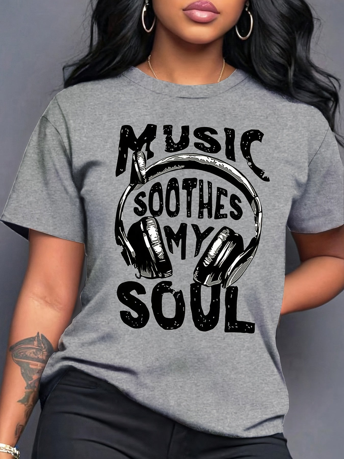 Women's Music Soothes My Soul Headphones & Sound Wave Print T-Shirt - Casual Short Sleeve Round Neck Blouse, Spring Summer Casual Attire for Music Lovers, Machine Washable Comfortable Top
