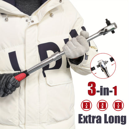 [3-in-1 Ratchet Wrench] PMMJ 3-in-1 Extendable Ratchet Wrench, 72-Tooth, Reversible, Quick Release, Carbon Steel, 1/2" & 3/8" & 1/4" Drive | Extra Long, Maximum 463mm/18.2inch, White Red Black, Interchangeable, for Auto Car M
