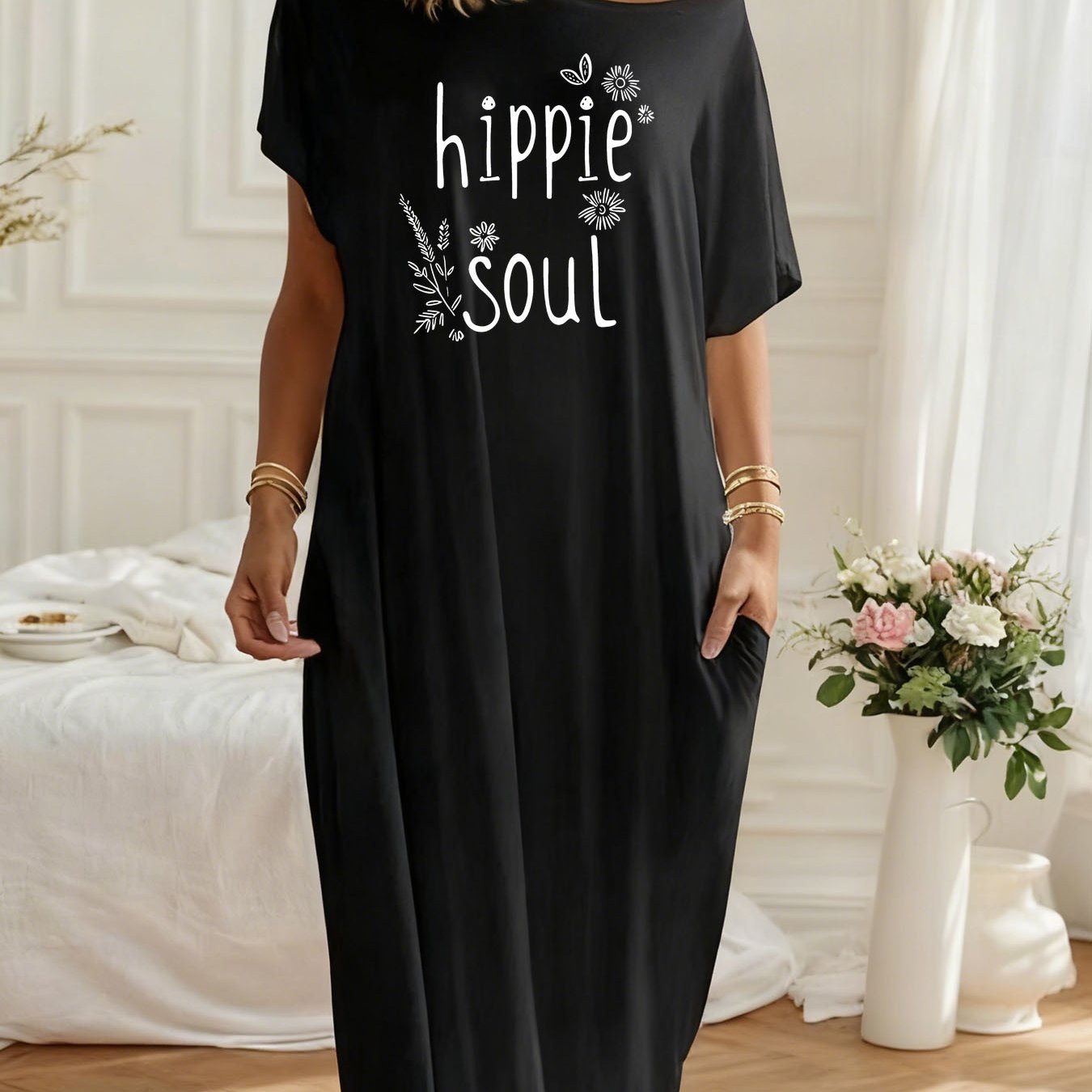 Off Shoulder Loose Maxi Dress with Pockets, "Hippie Soul" Boho Style Graphic Casual Comfort Dress
