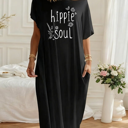 Off Shoulder Loose Maxi Dress with Pockets, "Hippie Soul" Boho Style Graphic Casual Comfort Dress