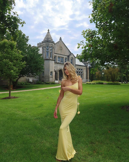 Women's Elegant Backless Evening Gown with 3D Flower Strap - Long Formal Wedding Dress, Prom Dress, Party Dress - Solid Color Round Neck All-Season Hand Washable Dress for Special Occasions