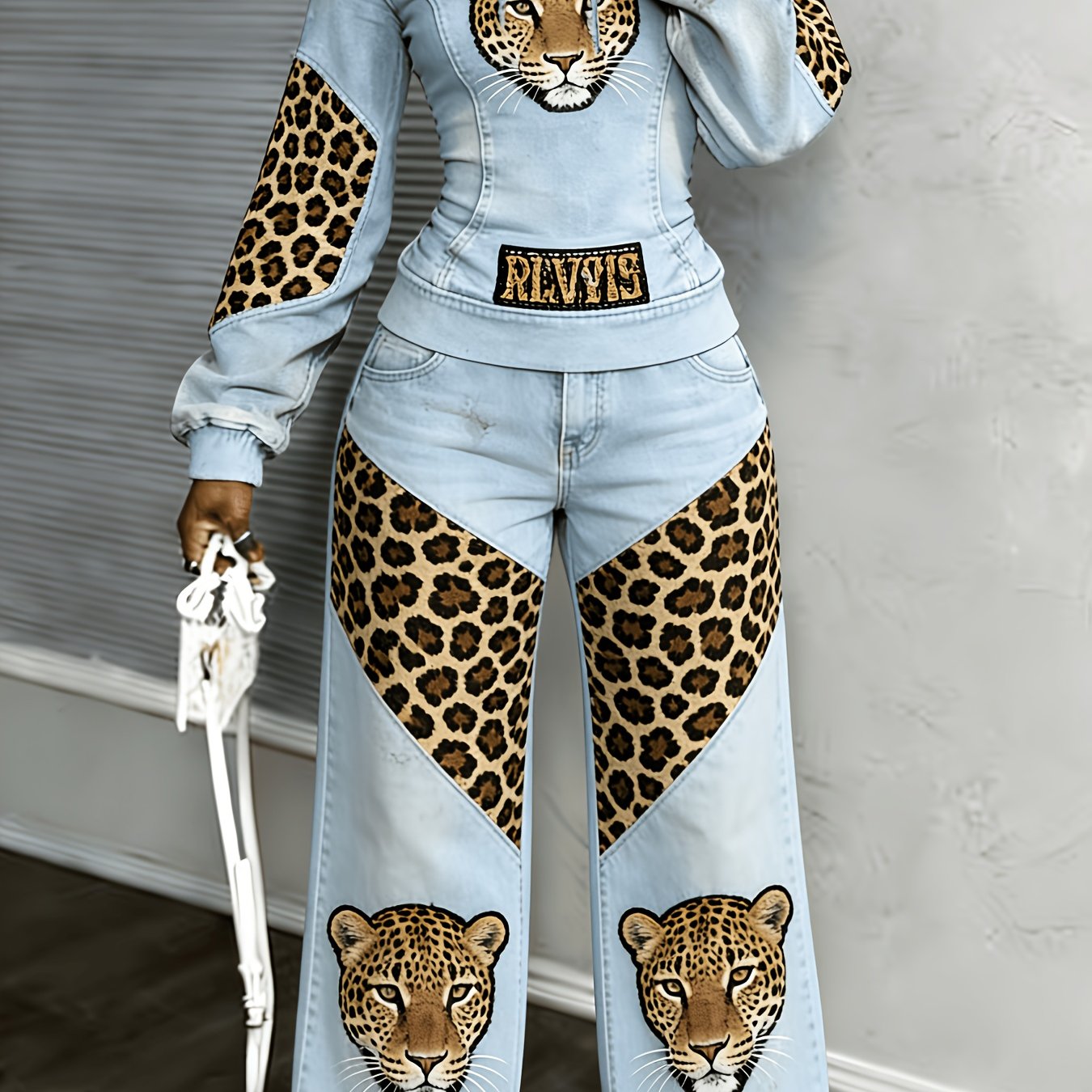 [Printed Pants - Not Denim Fabric] [Non-denim] Women's Flat Print Trendy Casual Long-Sleeved Hooded Drawstring Sport Top + High-Waisted Sport Pants]