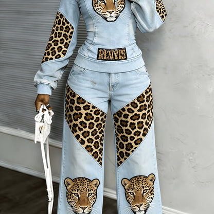 [Printed Pants - Not Denim Fabric] [Non-denim] Women's Flat Print Trendy Casual Long-Sleeved Hooded Drawstring Sport Top + High-Waisted Sport Pants]