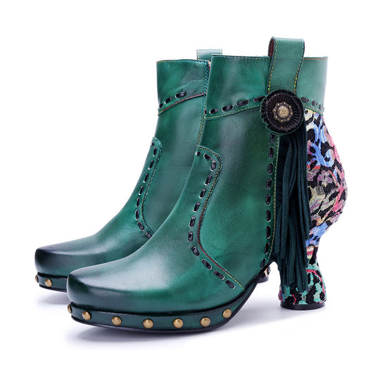 Women'S Vintage Western Boots - Hand-Rubbed Fringe Ankle Boots with Retro Leopard Print & Stitching Detail, Round Toe, Zipper Closure, Chunky Heel, PU Cover Upper, Rubber Sole - Western Cowboy Boot Style for Themed Events, Ca