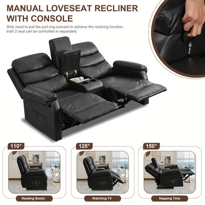 Office Reclining Loveseat, Manual RV Recliner Sofa With Console & Cup Holders & Pockets, Faux Leather Upholstered