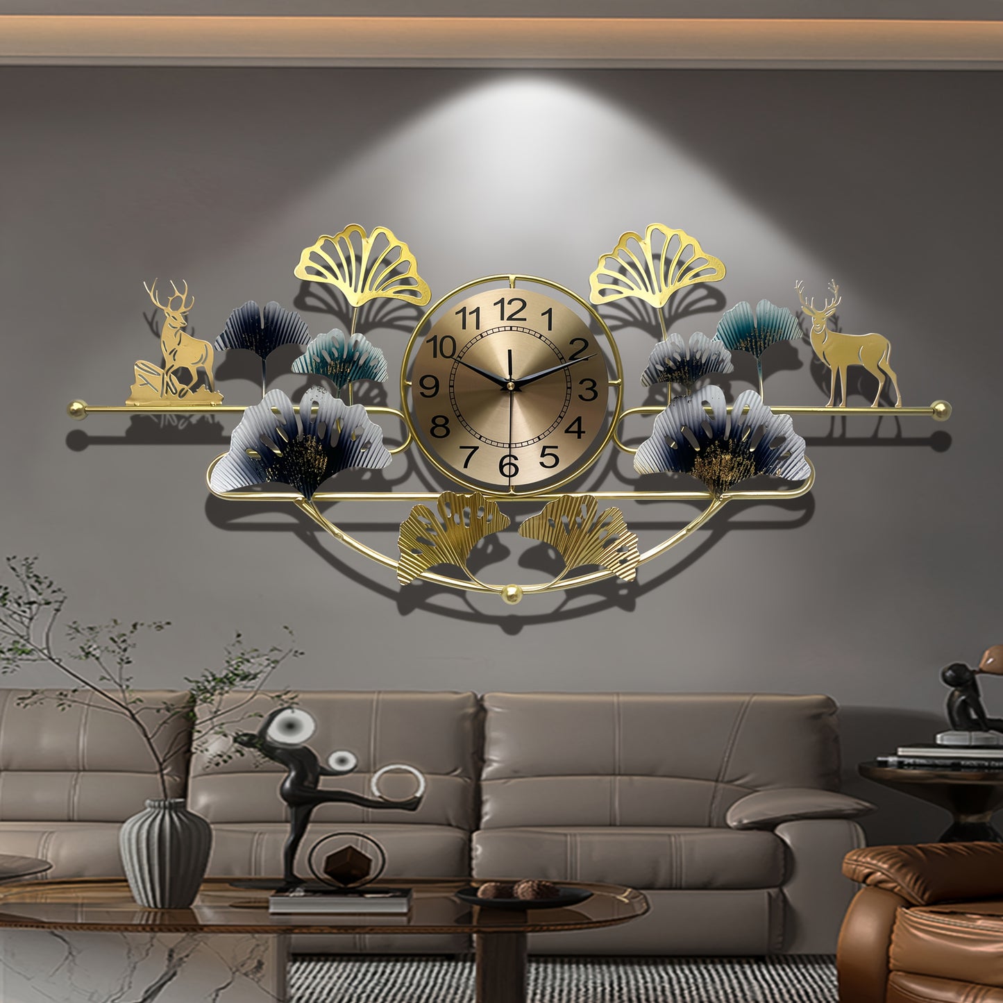 3D Creative Wrought Iron Wall Clock for Bedroom Living Room, 32.68in x 14.57in Ginkgo Leaf Silent Wall Clock, Wrought Iron Decor Gift, Large Black Golden Green for Dining Room