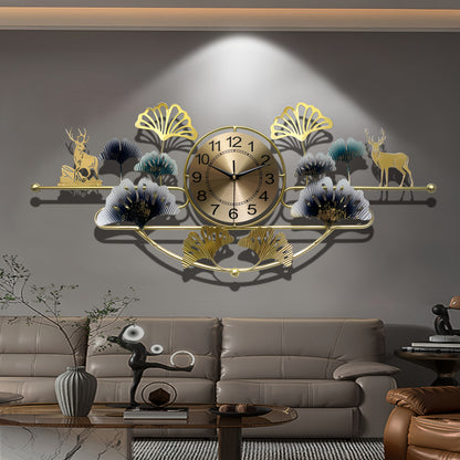 3D Creative Wrought Iron Wall Clock for Bedroom Living Room, 32.68in x 14.57in Ginkgo Leaf Silent Wall Clock, Wrought Iron Decor Gift, Large Black Golden Green for Dining Room
