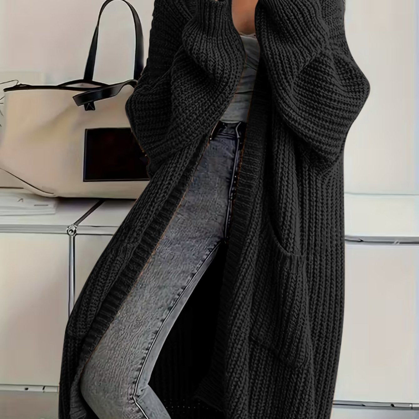 Plus Size, Solid Color Plus-Size Women's Long Pocket Cardigan Loose Over-the-Knee Sweater Coat Fashion Versatile Outerwear