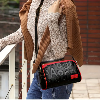 Casual  Crushed Lettering Handbag with Adjustable Strap & Zipper Closure - / Solid Color Multi-layer Shoulder Purse, Durable for,, Shopping