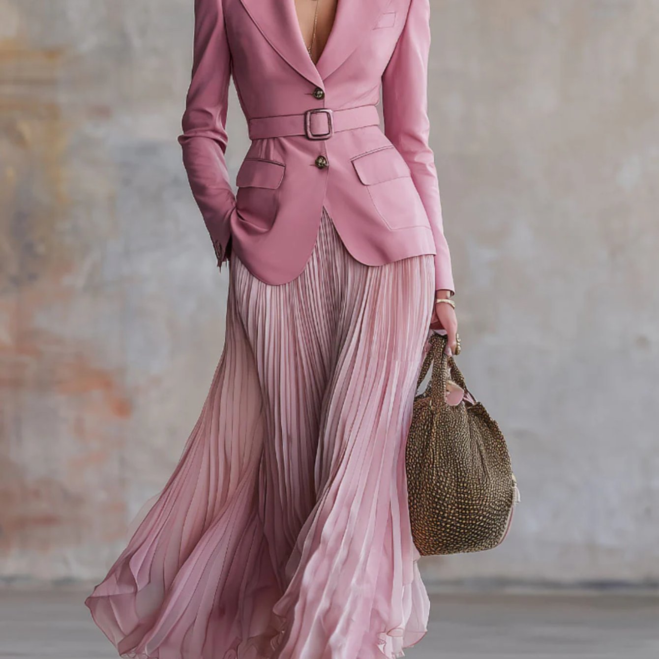 Women'S Elegant Pink Blazer with Waist Definition And Gradient Pleated Maxi Skirt Set | Ideal for Casual Events, Dates, And Subtle Vintage Styles