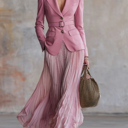 Women'S Elegant Pink Blazer with Waist Definition And Gradient Pleated Maxi Skirt Set | Ideal for Casual Events, Dates, And Subtle Vintage Styles