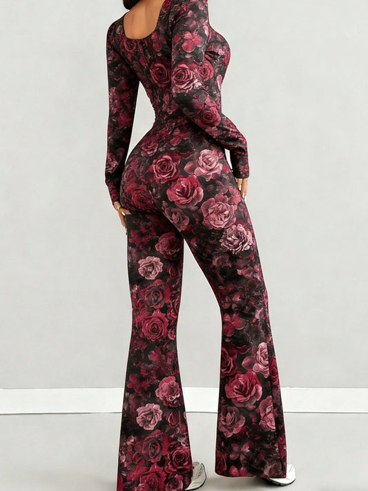 Women'S Jumpsuit Set | Casual Fashionable Sexy, Loose U-Neck Cut, Slim Fit, Burgundy Rose Print, Long Sleeve Flared Leg, Versatile Use, Suitable for Multiple Occasions & Seasons, Ideal for Outdoor