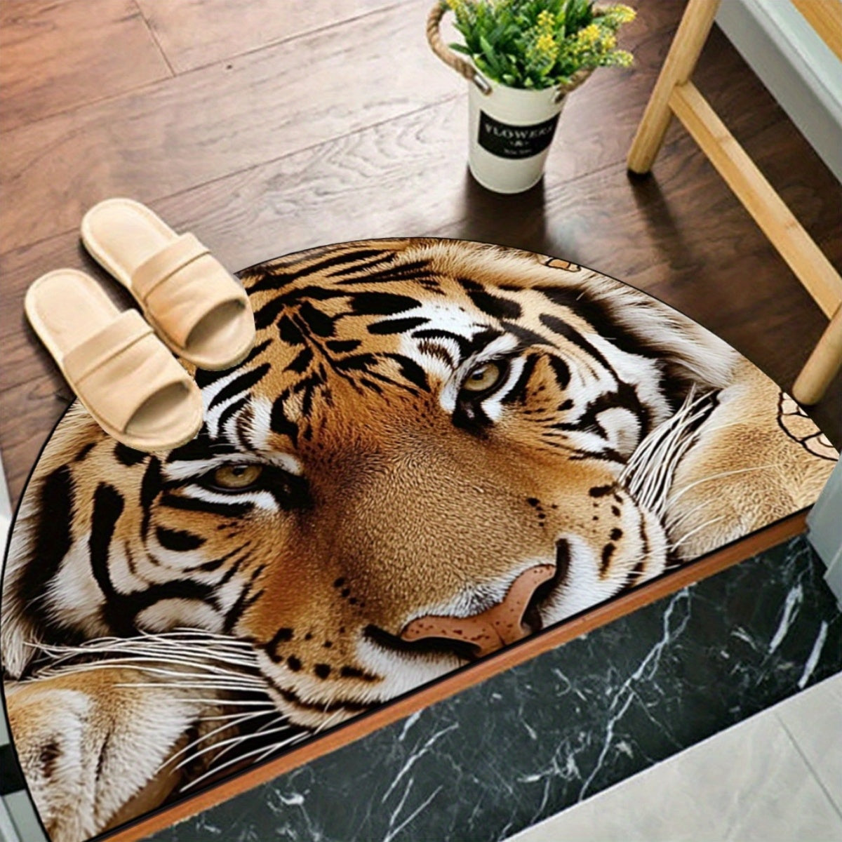 1pc Realistic Tiger Face Semi-Circle Door Mat - Non-Slip Backing, Hand Washable 100% Indoor Entry Mat for Bathroom, Living Room, Bedroom, Entryway - Reusable Semi-Circular Floor