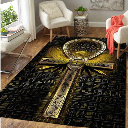 Large Non-Slip Door Mat - Egyptian Hieroglyphic Key of Life (Ankh) Design Black, Golden, non-slip Backing for Entryway, Living Room, Bedroom, Office, Patio - Machine Washable Polyester Mat for Ancient Egyptian Home Decor, Bed