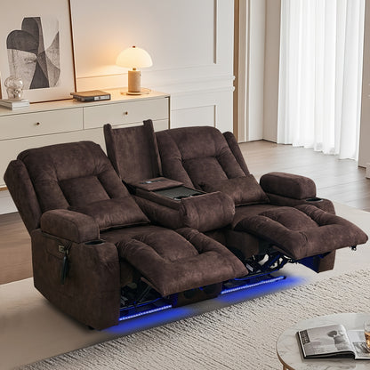 Power Loveseat Recliner Sofa, Home Theater Seating RV Couch with Massage and Heat, Flipped Backrest Console, LED Light, USB Outlets, Velvet