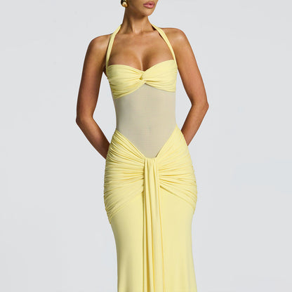 Women's Elegant Ruched Halter Neck Maxi Dress, Slim Fit Summer Party Dress