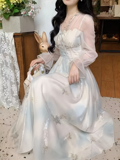 Elegant Julie French New Style Dress | Mint Temperament, Gentle Tulle with Cloud Print, Tie Waist Design, Off the Shoulder, Perfect for Spring/Summer/Fall