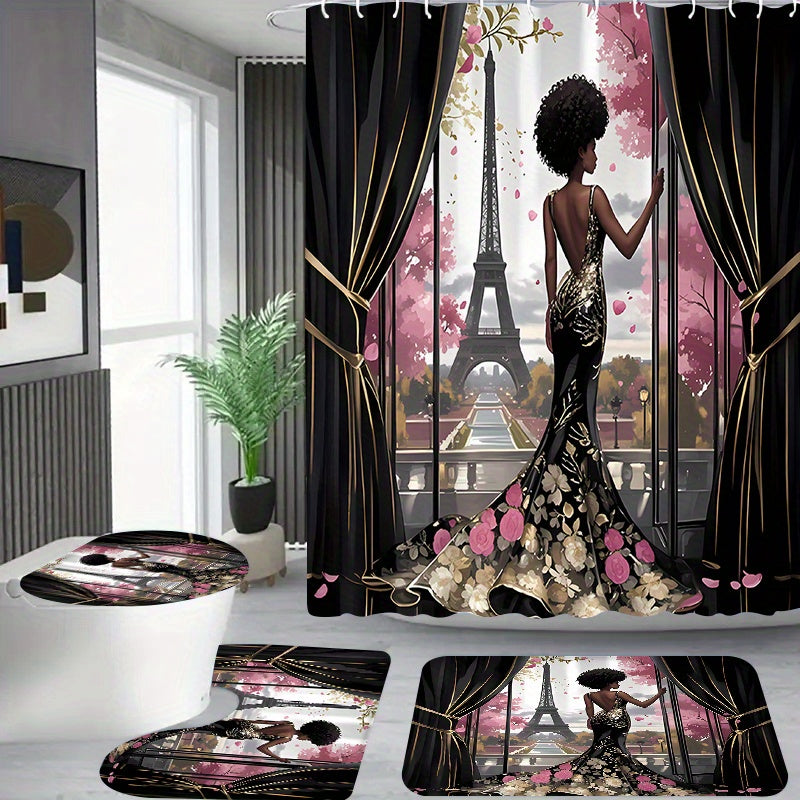 2D 1pc/4pcs Featuring The Eiffel Tower Design, Suitable for Apartment Bathrooms And Shower Rooms, Includes a Hotel Shower Curtain Set with 12 Hooks, a Bathroom Mat, a Toilet Seat Cover, And a U-Shaped Mat, All As Part of The