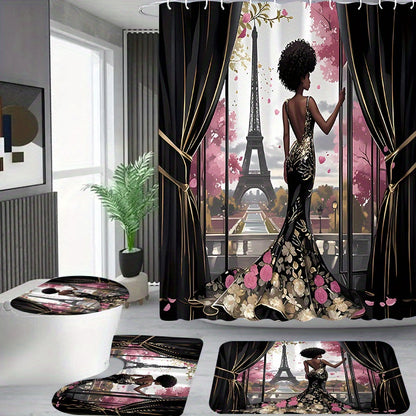 2D 1pc/4pcs Featuring The Eiffel Tower Design, Suitable for Apartment Bathrooms And Shower Rooms, Includes a Hotel Shower Curtain Set with 12 Hooks, a Bathroom Mat, a Toilet Seat Cover, And a U-Shaped Mat, All As Part of The