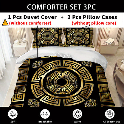 Latacaca 3pcs Black and Golden Greek Meander Pattern Duvet Cover Set, (1 Duvet Cover + 2 Pillowcases), Machine Washable, Elegant Design Bedding Set, Comfortable Bed Cover Set for Bedroom