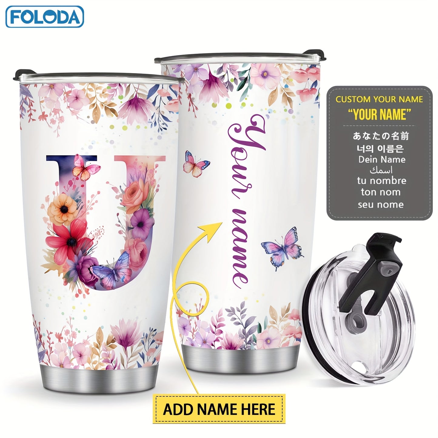 Foloda 1pc Personalized Flower Initials Tumbler Christmas Gift 20oz Mug with Letter Flower Butterfly, Travel Cup for Wedding Birthday Graduation Party, Birthday Valentine's Day Mother's Day Gifts Stainless Steel Mug with Lid