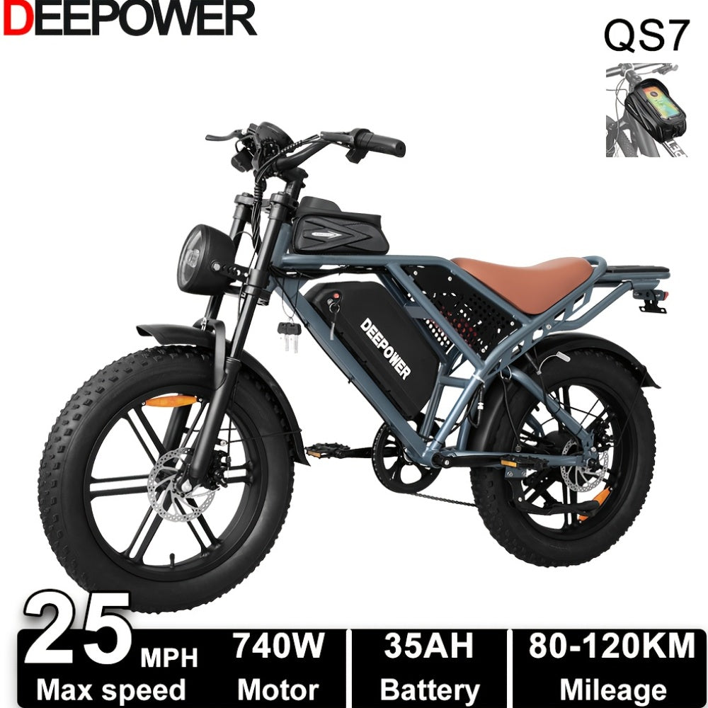 Deepower Electric Bike QS7 740W 48V 20AH/35AH/60AH 20 Inch Fat Tire Adult Electric Bike 80 Miles Range Mountain Cross Country Dual Battery Electric Bike