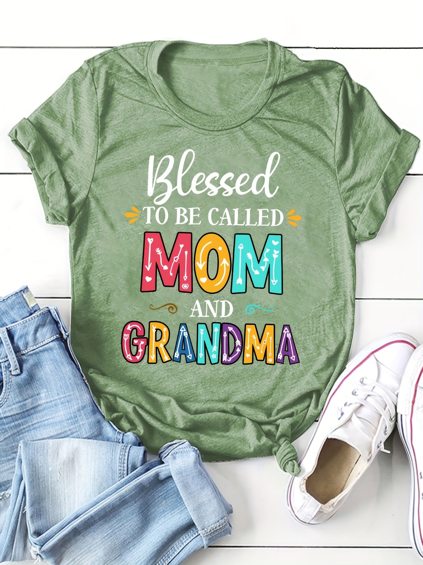 Mom Grandma Print Crew Neck T-shirt, Casual Short Sleeve Top For Spring & Summer, Women's Clothing