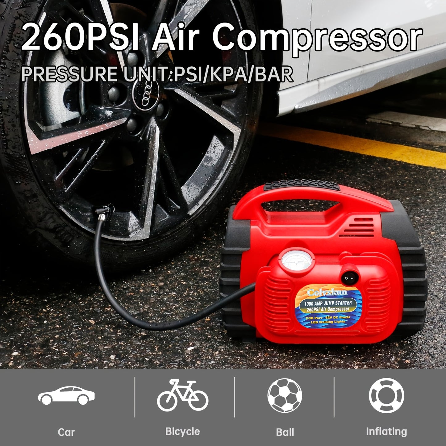 1000 Amp 12V Portable Car Jump Starter with Air Compressor, & Fast Charge - Heavy-Duty 260PSI Air, USB/ Lighter Power, Lithium-like Lead Acid Battery Booster for Trucks, RV, Boats, Motorcycles (Battery &