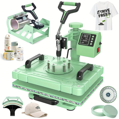 5-in-1 Heat Press Machine, 12x15 Inch Multifunctional Heat Transfer Combo With 360° Swing Away For T-Shirts, Mugs, Hats, Plates, And Caps