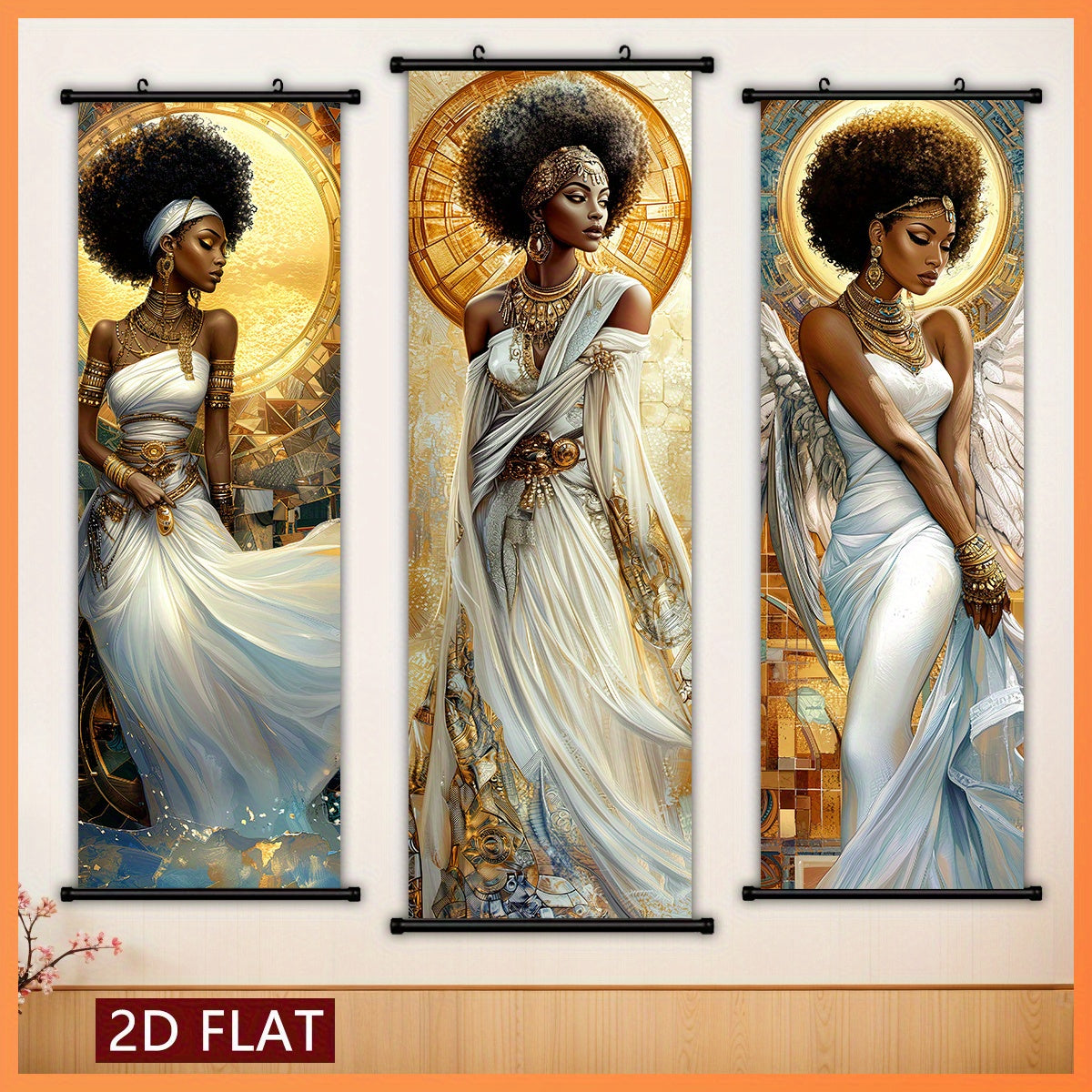 2D Flat, 2D/FLAT-3pcs Egyptian Goddess Plastic Scroll/ Scroll Painting, Sacred and Elegant Style Decorative Painting, White Dress Golden Ornament Halo Wings Element, Geometric Golden Pattern Background, Suitable for Living Ro