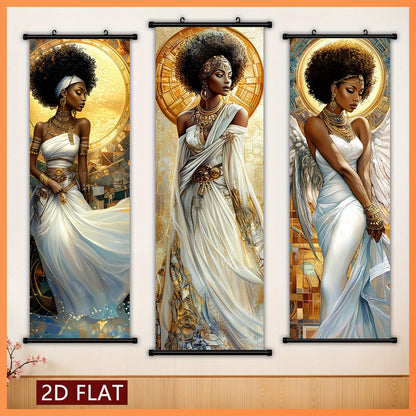 2D Flat, 2D/FLAT-3pcs Egyptian Goddess Plastic Scroll/ Scroll Painting, Sacred and Elegant Style Decorative Painting, White Dress Golden Ornament Halo Wings Element, Geometric Golden Pattern Background, Suitable for Living Ro