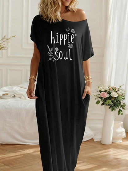 Off Shoulder Loose Maxi Dress with Pockets, "Hippie Soul" Boho Style Graphic Casual Comfort Dress