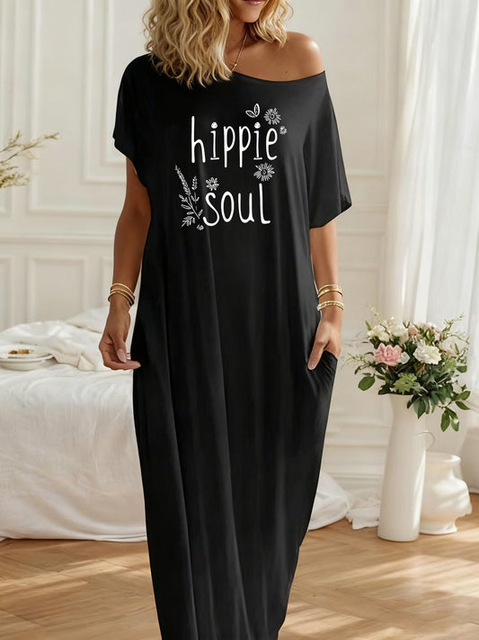 Off Shoulder Loose Maxi Dress with Pockets, "Hippie Soul" Boho Style Graphic Casual Comfort Dress