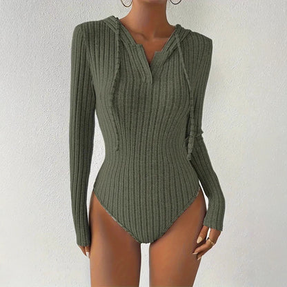Women's Jumpsuit, V-neck Hooded Jumpsuit for Women, High-slit Bikini-style Slim-fit Loungewear, Brushed Ribbed Hooded Solid Color Jumpsuit and Romper