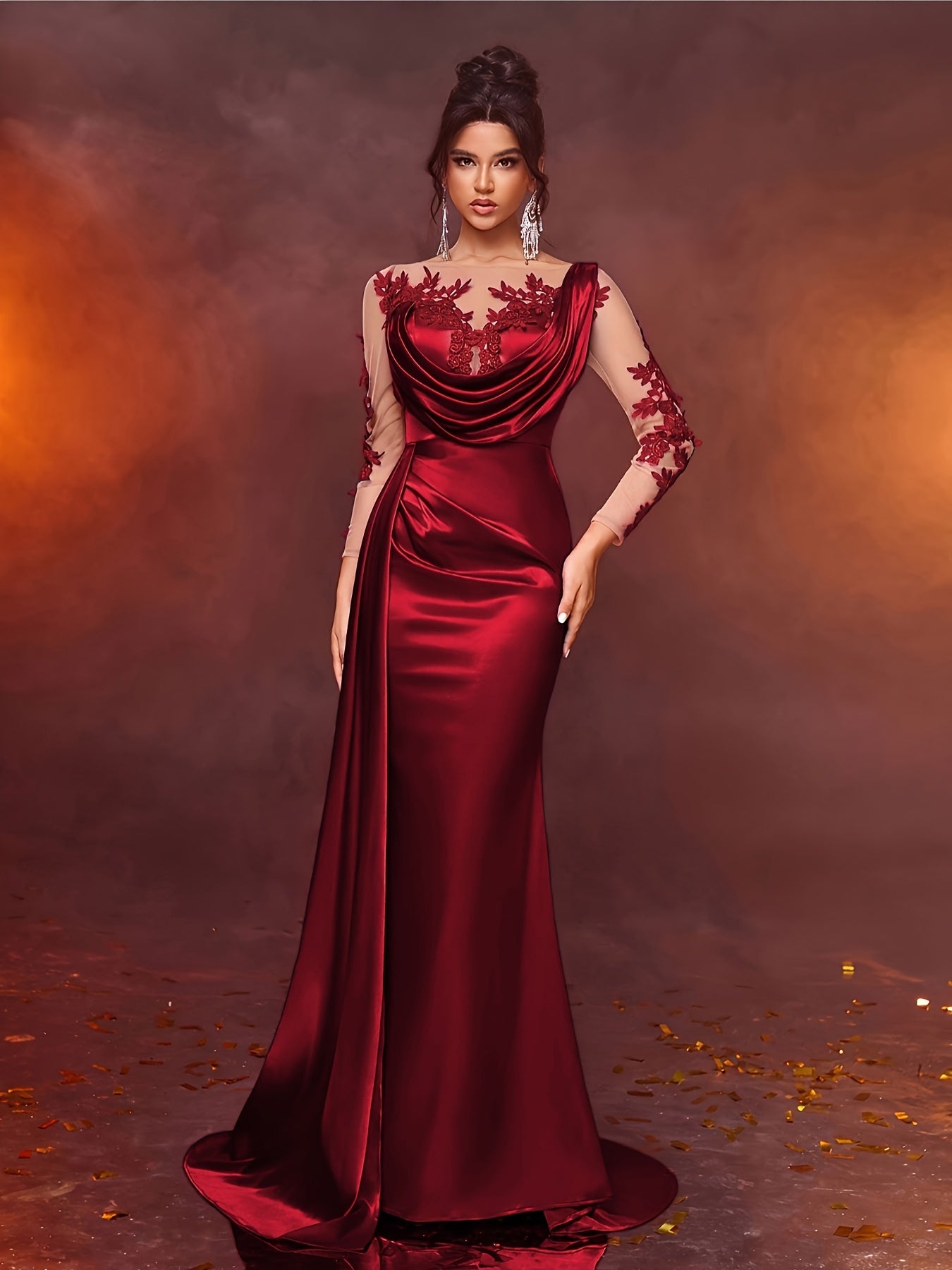 Elegant Long Ladies' Gown with Lace Detail | Solid Color, Contrast Mesh, Long Sleeve, Gown Hem, Ideal for Christmas, Birthday, Graduation, Travel