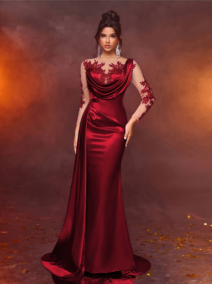 Elegant Long Ladies' Gown with Lace Detail | Solid Color, Contrast Mesh, Long Sleeve, Gown Hem, Ideal for Christmas, Birthday, Graduation, Travel