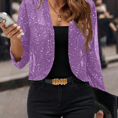 Women's Glitter Sequin - Golden Foil Pleated Fabric - Cardigan Jacket - 3/4 Sleeve Short Cropped Blazer for Business Casual