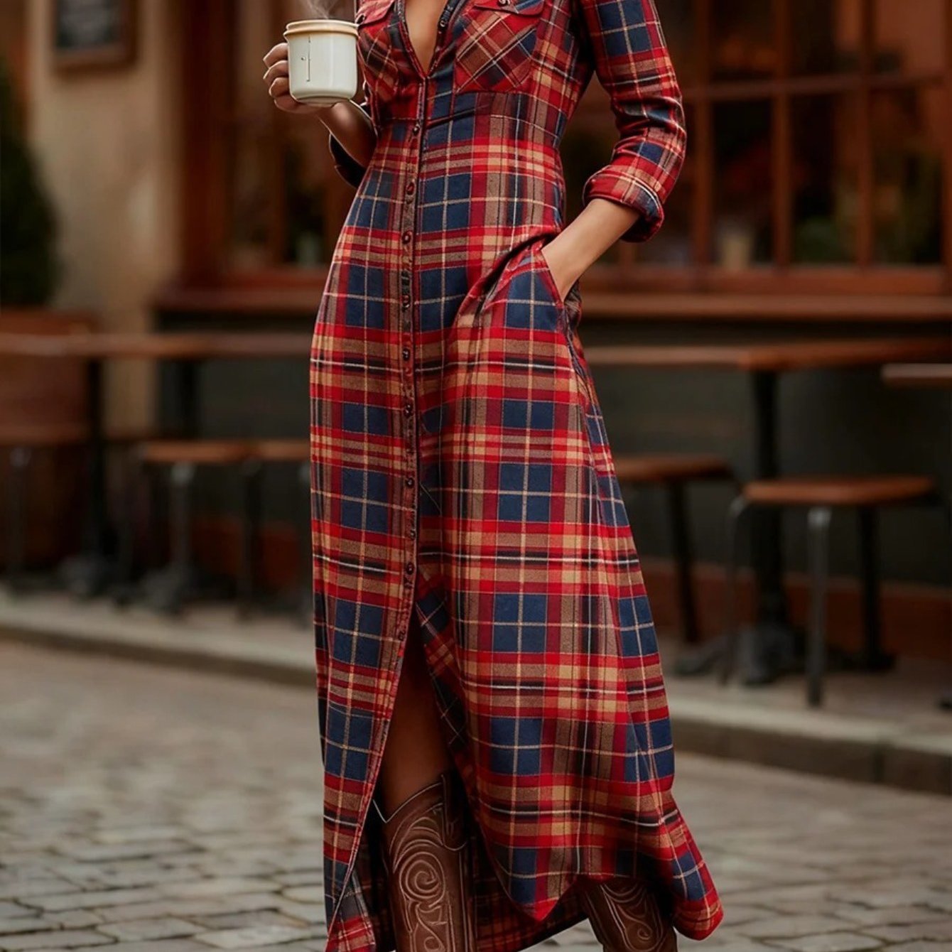 HERTALKA Fashionable Women's Dress with a Retro Checkered Long-sleeved Style