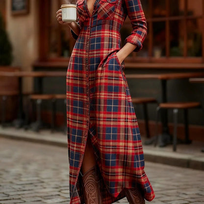 HERTALKA Fashionable Women's Dress with a Retro Checkered Long-sleeved Style