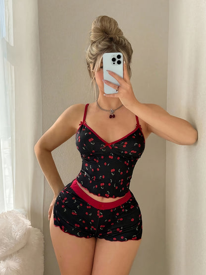 2pcs Women's Cherry Print Pajamas - Sweet & Spicy -Neck Camisole & Shorts Sleepwear, Light Beige-Friendly Y Loungewear Suitable for Women - Year-Round Cherry Themed Pajama Party Outfit