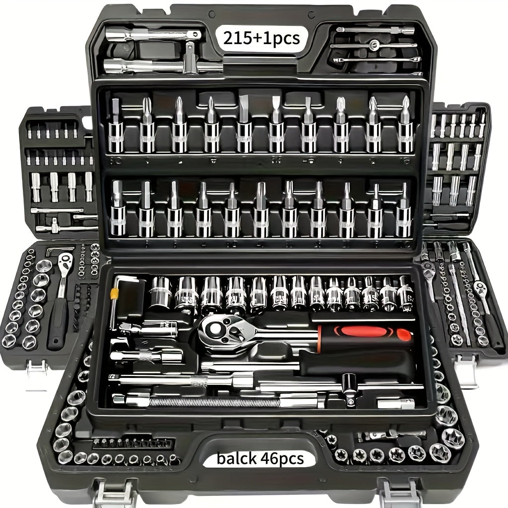 Black 46/215+1pc High-end Professional Tool Set, Auto/bicycle Repair Machinery Kit, 1/2 Inch *1/4 Inch 3/8 Inch Drive Depth And Standard Wrench Set, Race-grade Auto Parts Repair Ratchet Wrench And Other Auto Repair Accessorie
