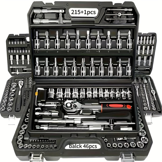 Black 46/215+1pc High-end Professional Tool Set, Auto/bicycle Repair Machinery Kit, 1/2 Inch *1/4 Inch 3/8 Inch Drive Depth And Standard Wrench Set, Race-grade Auto Parts Repair Ratchet Wrench And Other Auto Repair Accessorie