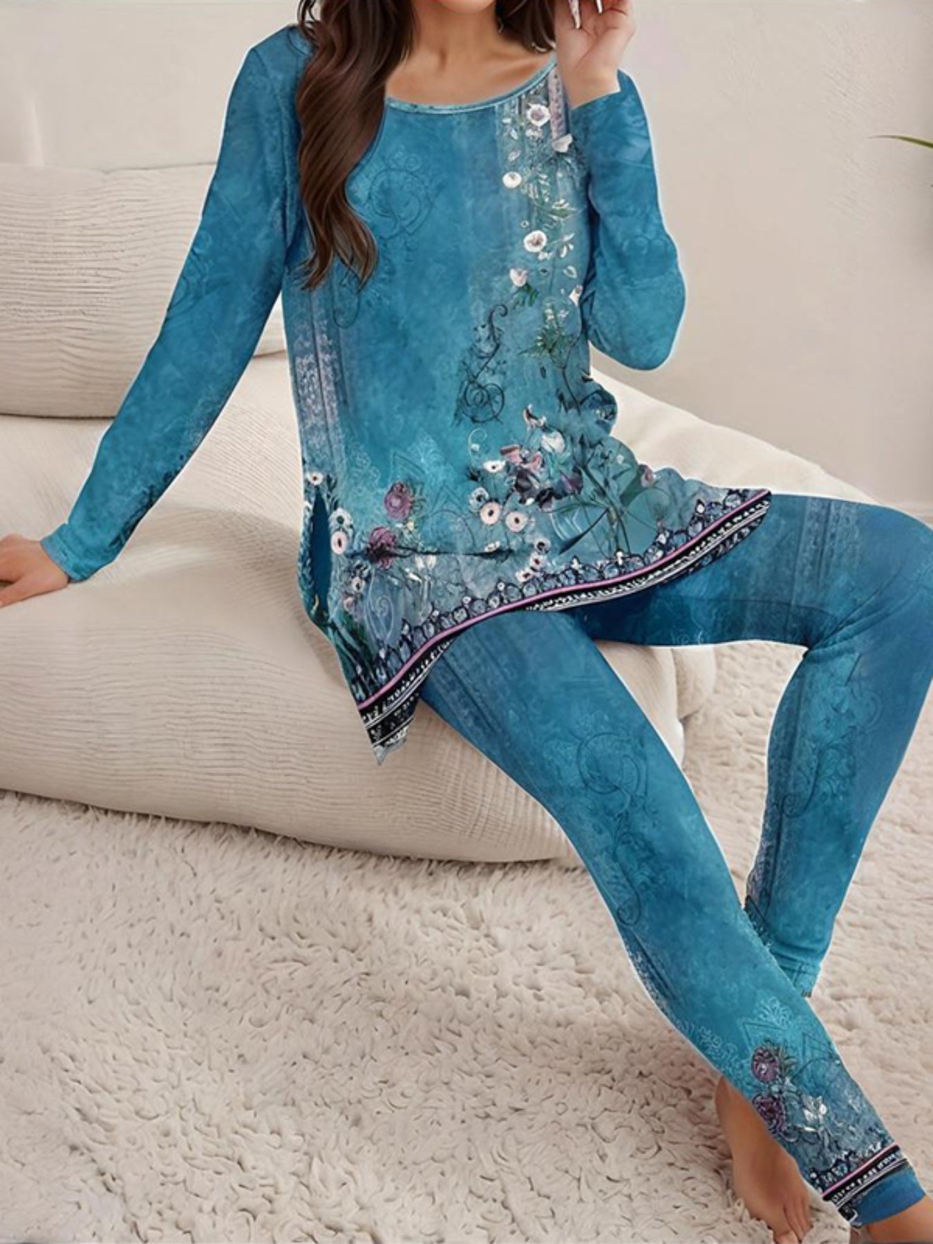 Women's Round Neck Printed Slit Long Sleeve Top& Long Pants Set- Casual Loungewear Outfit